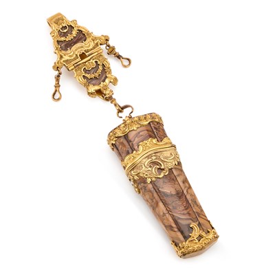 Lot 768 - A GEORGE III GILT-BRASS MOUNTED DENDRITIC AGATE ETUI AND CHATELAINE, THIRD QUARTER 18TH CENTURY