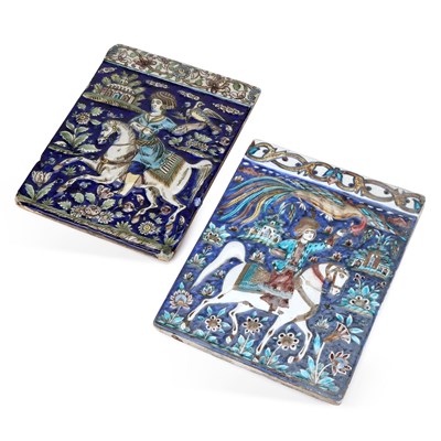 Lot 721 - A NEAR PAIR OF PERSIAN QAJAR POTTERY TILES