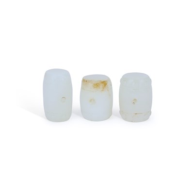 Lot 748 - THREE CHINESE WHITE JADE CYLINDRICAL BEADS
