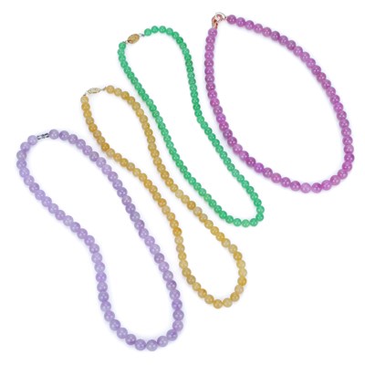 Lot 622 - FOUR COLOURED JADE BEAD NECKLACES