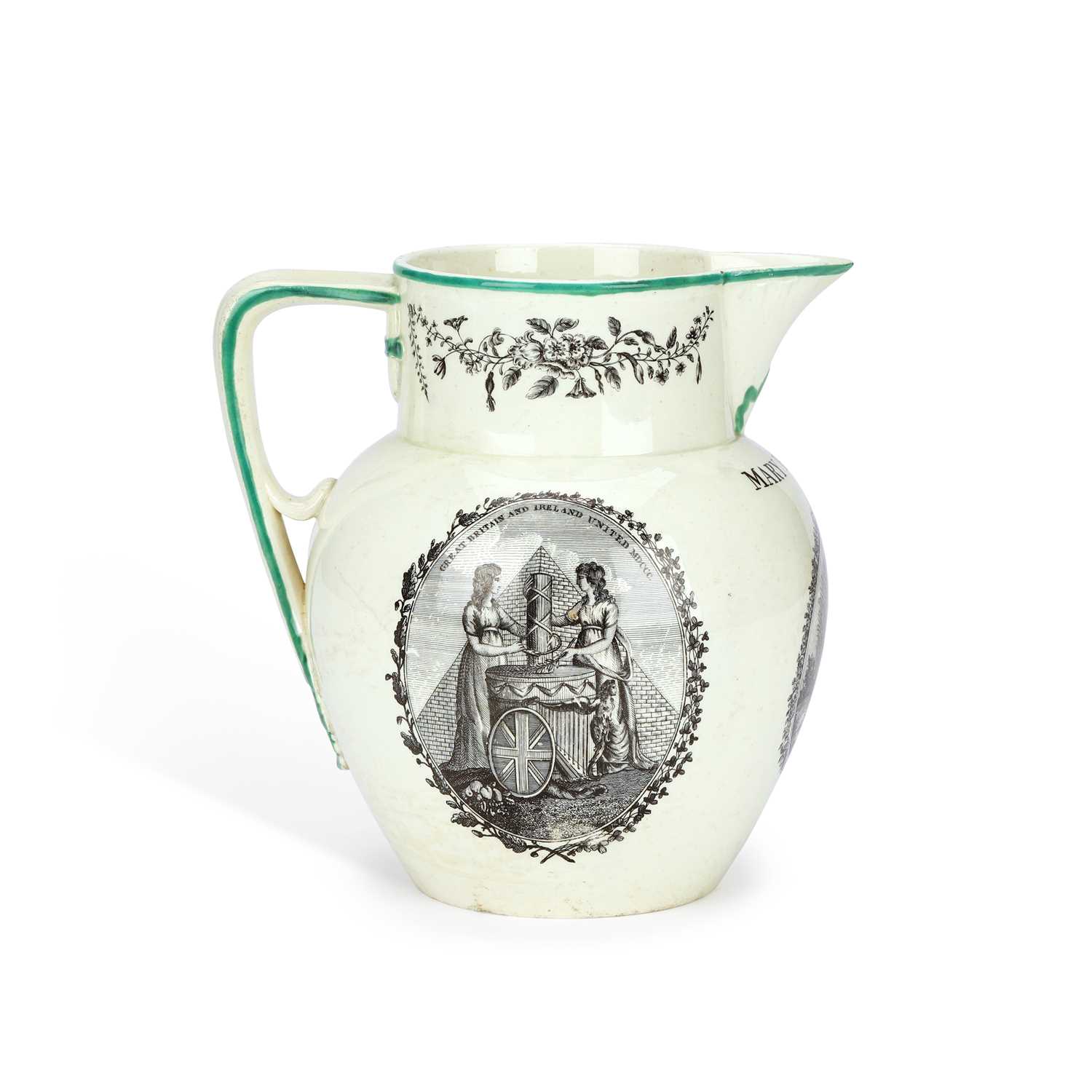 Lot 74 - AN ENGLISH CREAMWARE ACT OF UNION HARVEST JUG
