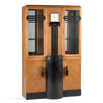 Lot 995 - AN ART DECO EBONISED AND OAK VITRINE WITH INTEGRAL CLOCK