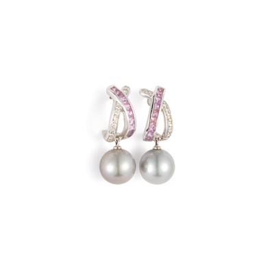 Lot 860 - A PAIR OF PEARL, DIAMOND AND PINK SAPPHIRE DROP EARRINGS