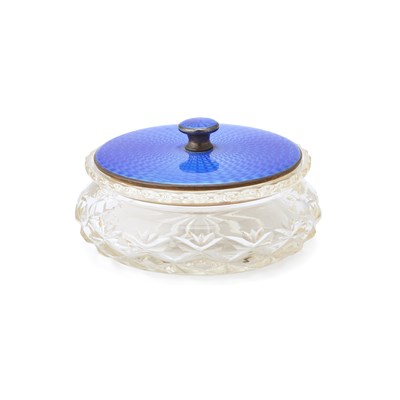 Lot 569 - A GEORGE V SILVER AND ENAMEL TOPPED GLASS POWDER JAR