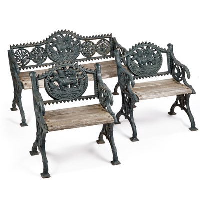 Lot 1132 - A CAST IRON GARDEN BENCH AND A PAIR OF ARMCHAIRS