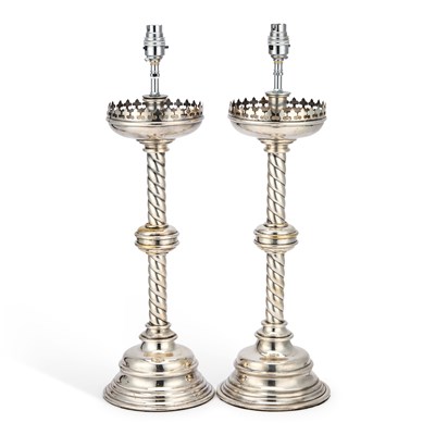 Lot 943 - A PAIR OF VICTORIAN SILVER-PLATED ALTER STICK TABLE LAMPS