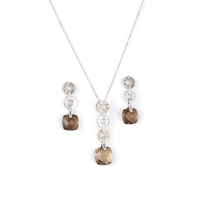 Lot 925 - A 9K WHITE GOLD SMOKY QUARTZ AND DIAMOND PENDANT AND EARRING SET