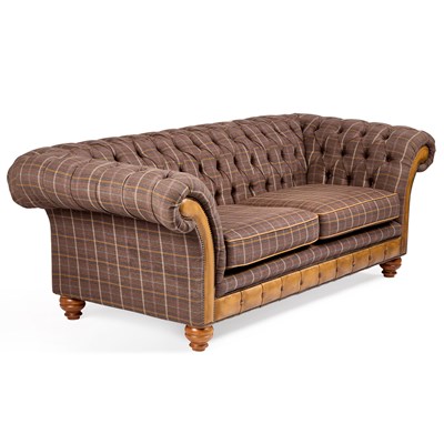 Lot 1208 - A HARRIS TWEED STYLE LEATHER CHESTERFIELD SETTEE