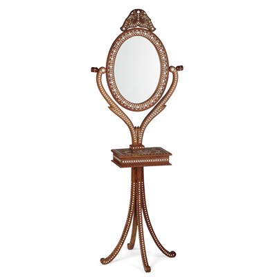 Lot 1222 - AN INDIAN BONE-INLAID HARDWOOD TRIPOD FLOOR-STANDING MIRROR