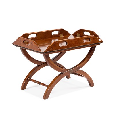 Lot 1058 - A GEORGIAN STYLE YEW WOOD BUTLER'S TRAY ON STAND