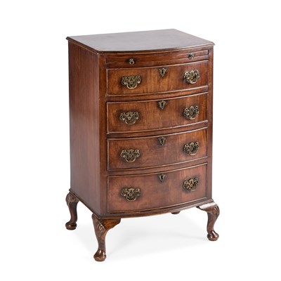 Lot 1073 - A SMALL QUEEN ANNE STYLE WALNUT BOW-FRONT CHEST OF DRAWERS