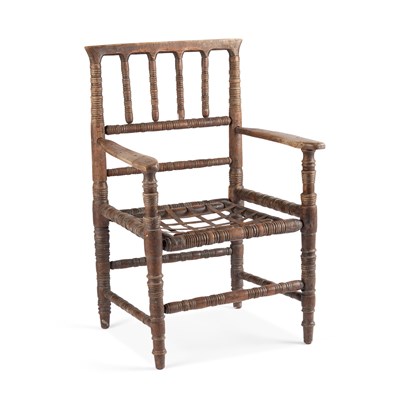 Lot 1181 - AN UNUSUAL BOBBIN-TURNED OAK ARMCHAIR
