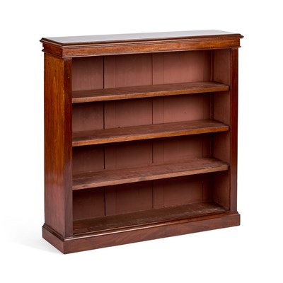 Lot 1210 - AN EDWARDIAN WALNUT OPEN BOOKCASE