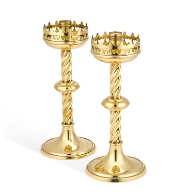 Lot 237 - A PAIR OF VICTORIAN 'GOTHIC' BRASS CANDLESTICKS