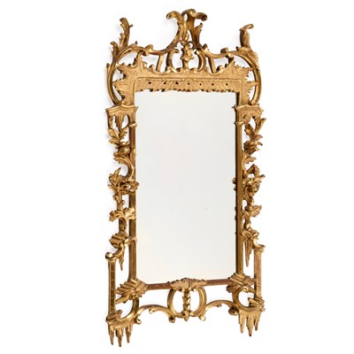 Lot 1263 - A GILTWOOD MIRROR IN THE CHINESE CHIPPENDALE TASTE