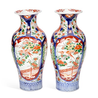 Lot 690 - A PAIR OF JAPANESE IMARI BALUSTER VASES