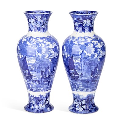 Lot 148 - A PAIR OF WEDGWOOD 'FERRARA' BLUE TRANSFER-PRINTED BALUSTER VASES