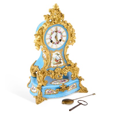 Lot 1155 - A 19TH CENTURY FRENCH ORMOLU-MOUNTED BLUE-GROUND PORCELAIN MANTEL CLOCK