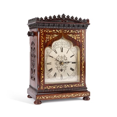 Lot 1147 - A VICTORIAN MOTHER-OF-PEARL INLAID ROSEWOOD SINGLE-FUSEE BRACKET CLOCK