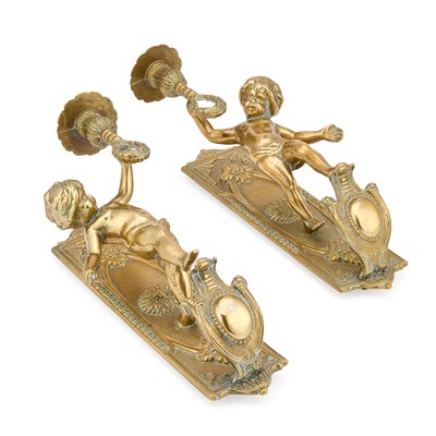 Lot 304 - A PAIR OF FRENCH BRASS FIGURAL WALL SCONCES