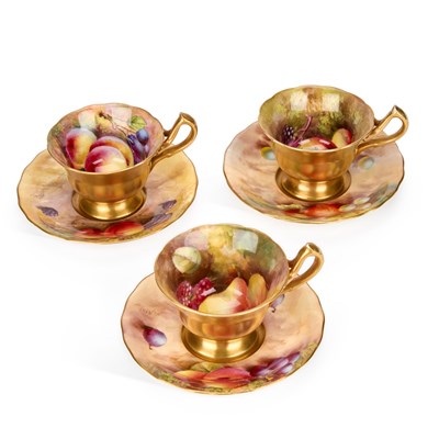 Lot 285 - THREE ROYAL WORCESTER FRUIT PAINTED CABINET CUPS AND SAUCERS