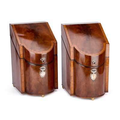 Lot 1271 - A PAIR OF GEORGE III SILVER-MOUNTED SATINWOOD BANDED MAHOGANY KNIFE BOXES