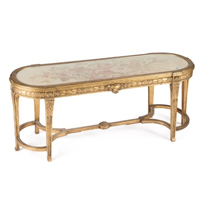 Lot 1004 - A LOUIS XVI STYLE GILTWOOD AND AUBUSSON LOW TABLE