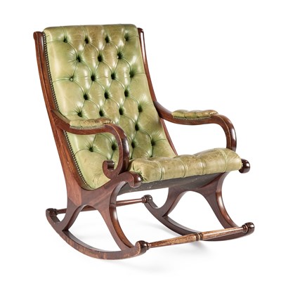 Lot 1074 - A REGENCY STYLE DEEP-BUTTONED LEATHER UPHOLSTERED MAHOGANY ROCKING CHAIR