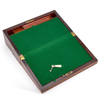 Lot 1093 - A 19TH CENTURY BRASS-MOUNTED ROSEWOOD WRITING SLOPE