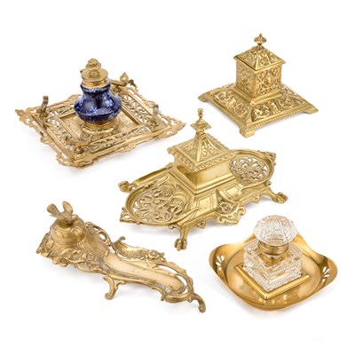 Lot 222 - A COLLECTION OF FIVE BRASS INKWELLS