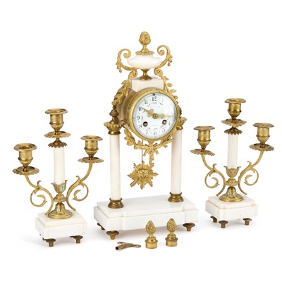Lot 984 - A FRENCH GILT-METAL AND WHITE MARBLE CLOCK GARNITURE