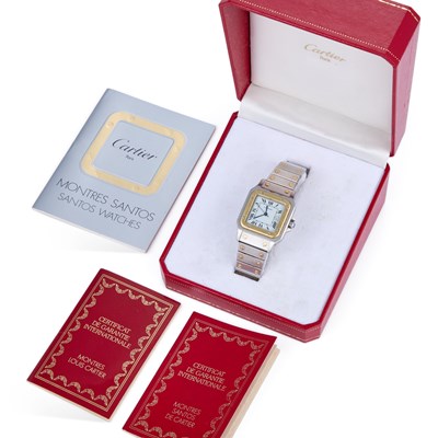 Lot 611 - A BI-METAL CARTIER SANTOS AUTOMATIC BRACELET WATCH