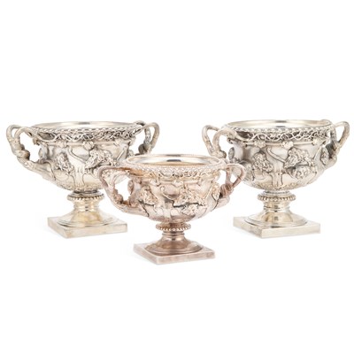 Lot 370 - A PAIR OF GEORGE V SILVER WARWICK VASES