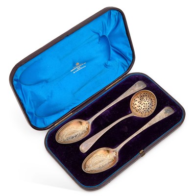 Lot 424 - A PAIR OF GEORGE III SILVER SERVING SPOONS AND A SILVER SIFTING LADLE
