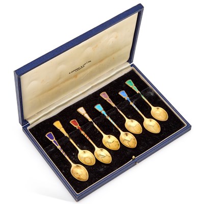 Lot 348 - A SET OF EIGHT ELIZABETH II SILVER-GILT AND ENAMEL COFFEE SPOONS