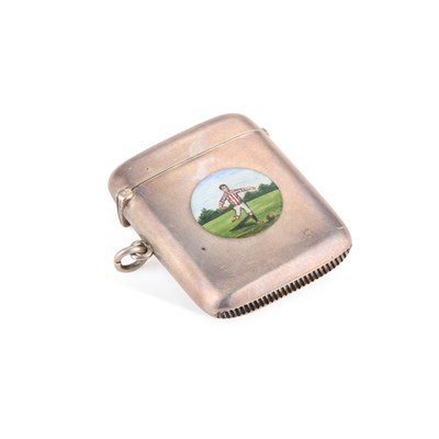 Lot 328 - A GEORGE V SILVER AND ENAMEL VESTA CASE