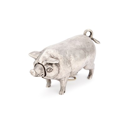 Lot 323 - A RARE EDWARDIAN SILVER NOVELTY MECHANICAL 'PIG' BELL