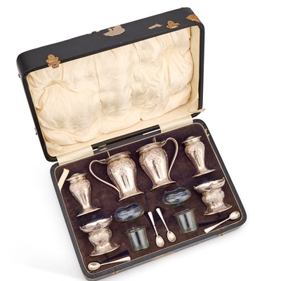 Lot 329 - ALWYN CARR (1872-1940), AN ARTS AND CRAFTS SILVER CONDIMENT SET