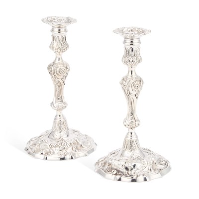 Lot 439 - A FINE PAIR OF GEORGE III CAST SILVER CANDLESTICKS