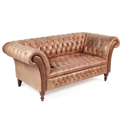 Lot 1021 - A DEEP-BUTTONED TAN LEATHER CHESTERFIELD SOFA