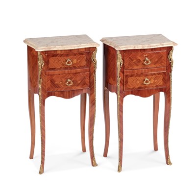 Lot 1062 - A PAIR OF FRENCH MARBLE-TOPPED, GILT-METAL AND PARQUETRY TABLES