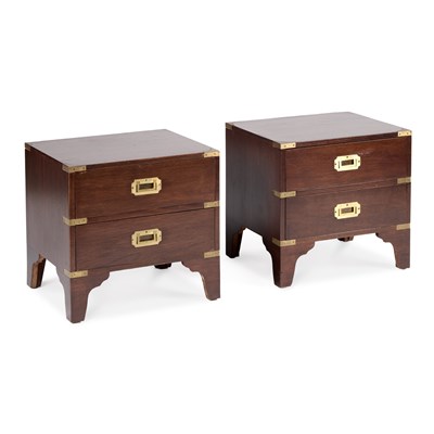 Lot 1022 - A PAIR OF MILITARY STYLE BRASS-MOUNTED HARDWOOD TWO-DRAWER LOW CHESTS