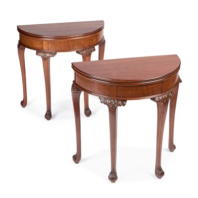 Lot 1020 - A PAIR OF GEORGIAN STYLE MAHOGANY DEMILUNE FOLDOVER CARD TABLES