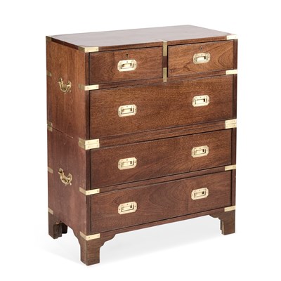 Lot 1006 - A MILITARY STYLE BRASS-MOUNTED HARDWOOD CAMPAIGN CHEST
