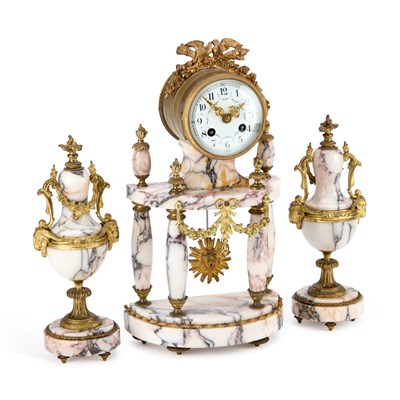 Lot 983 - A FRENCH GILT-METAL AND MARBLE CLOCK GARNITURE