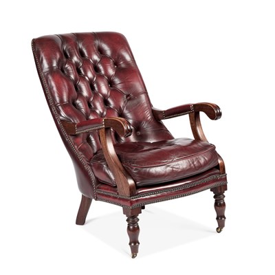 Lot 1066 - A REGENCY STYLE LEATHER UPHOLSTERED MAHOGANY LIBRARY CHAIR