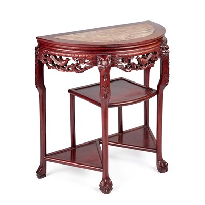 Lot 1056 - A CHINESE MARBLE-INSET HARDWOOD DEMILUNE SIDE TABLE