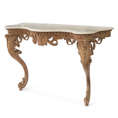 Lot 1041 - A 19TH CENTURY MARBLE-TOPPED CARVED PINE CONSOLE TABLE