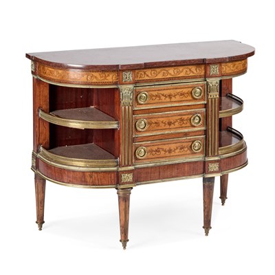 Lot 1037 - A LATE 19TH CENTURY FRENCH KINGWOOD, SATINWOOD MARQUETRY AND ORMOLU-MOUNTED DEMILUNE SIDE CABINET