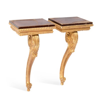 Lot 1043 - A PAIR OF ROSEWOOD-TOPPED GILTWOOD CONSOLE TABLES